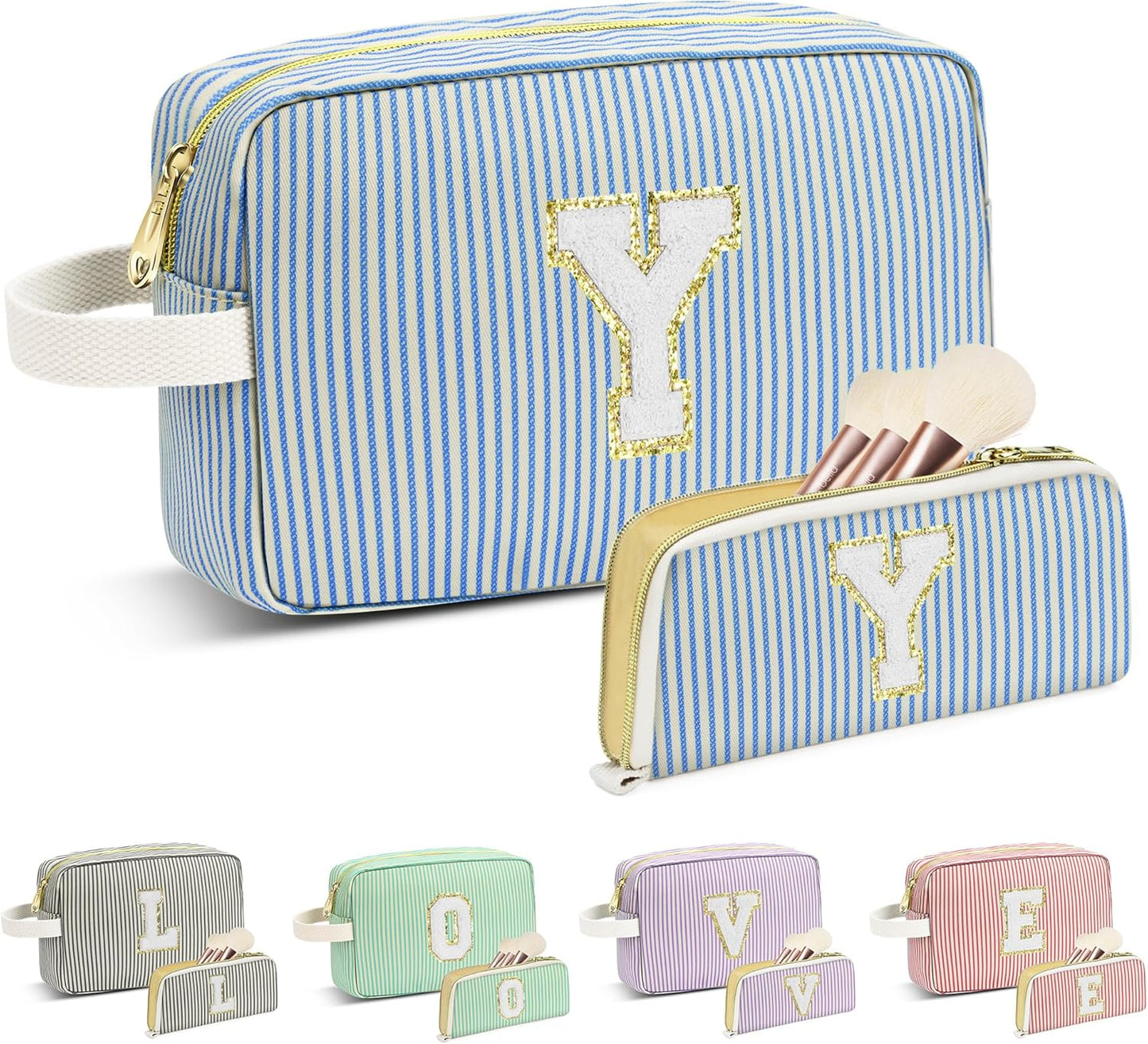 Travel Makeup Bag Christmas Gifts for Women Girl Teens, Personalized Initial Makeup Bag for Cute Teen Girls, Preppy Stuff Toiletry Bag Cosmetic Bag, Teen Girls Gift Trendy Stuff, Letter Y
