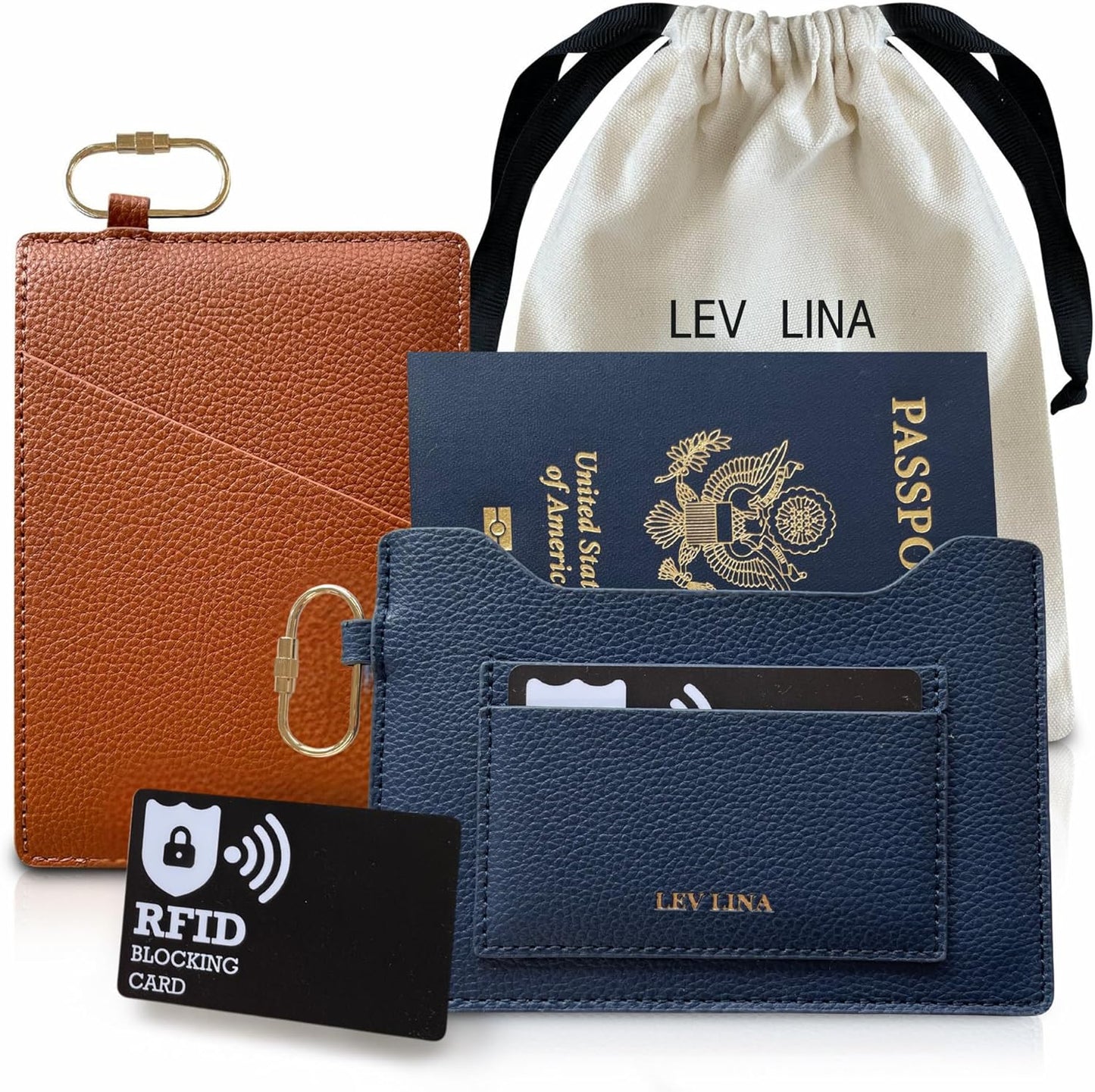 Passport Holder for Travel RFID Blocking Slim Leather Passport Wallet & Passport Book Cover Case with Gold Tone Screw Carabiner and Gift Pouch, Airport Essentials (Brown)