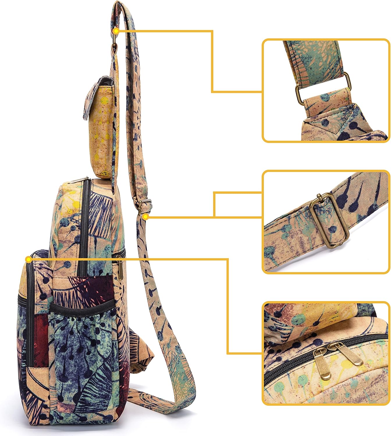 Women sling bag Elephant canvas large boho backpacks bohemian Crossbody Bag (purple yellow)