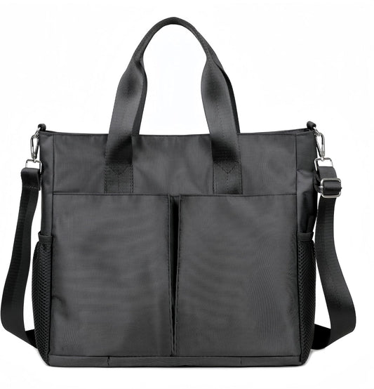 Oxford Canvas Tote Bag for Women,Crossbody Shoulder Bags for Men,Laptop Work Bag,Waterproof Nylon Multi Pocket Handbags for Teacher,Travel,Work,Outdoor,Black