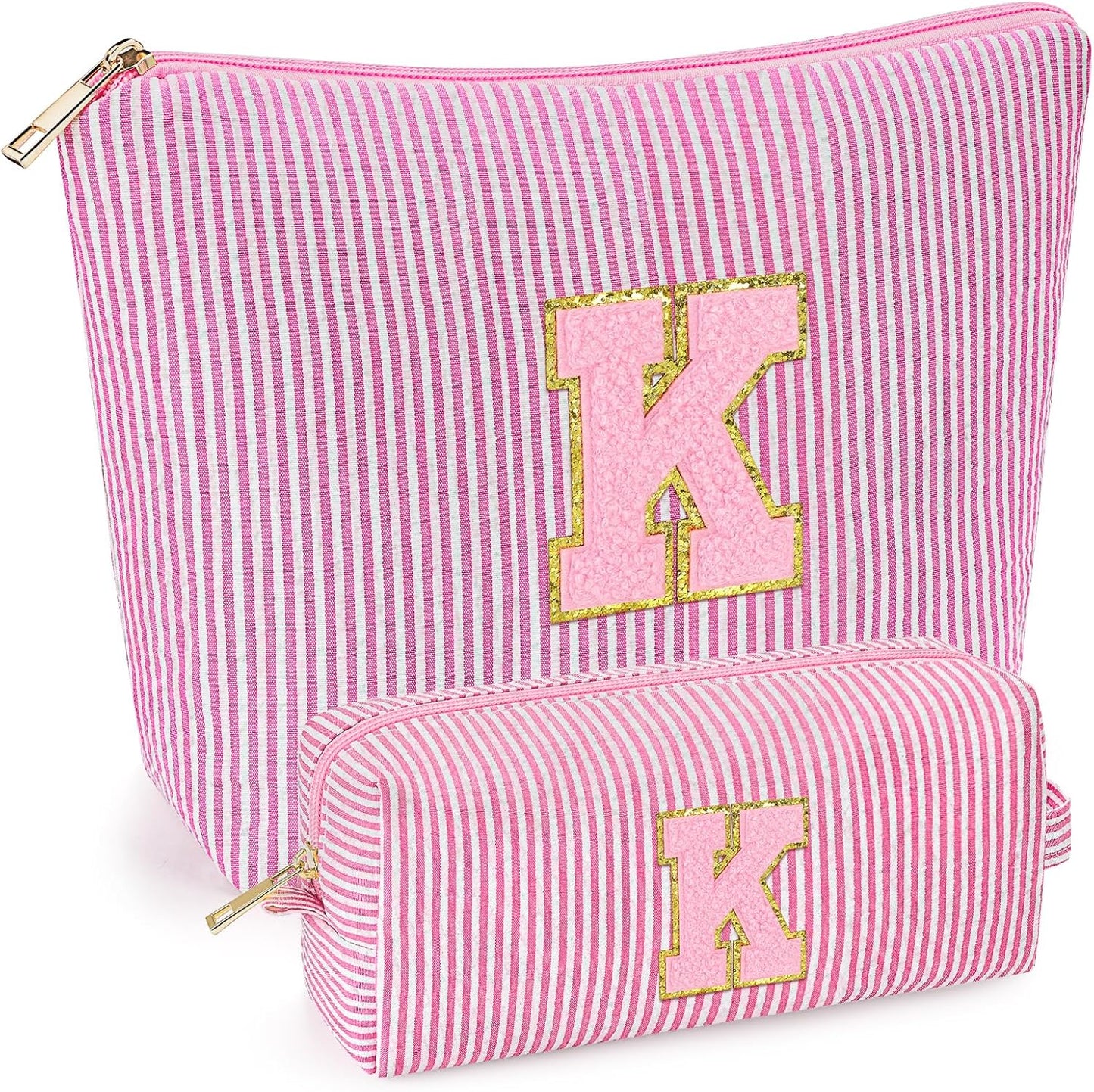mibasies 2 PCS Initial Makeup Bags for Women: - Birthday Gifts for Teen Girls 11 12 13 14 15 16 Years Old - Preppy Trendy Stuff - Cosmetic Bag for Travel Toiletry - Pink K