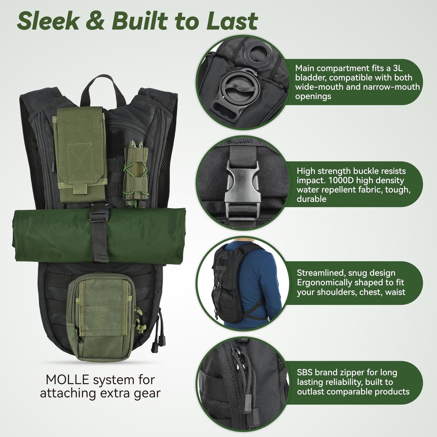 MARCHWAY Tactical Molle Hydration Pack Backpack with 3L TPU Water Bladder, Military Daypack for