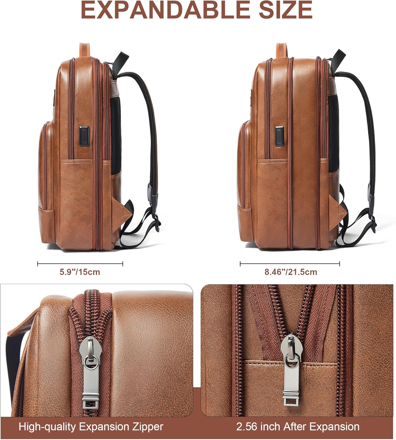 Shrrie Leather Laptop Backpack for Women and Men,28 L Travel Backpack Computer Bag Fits 16 inch Laptop,Expandable Casual Daypack with USB Port for Work Business Weekender College,Brown