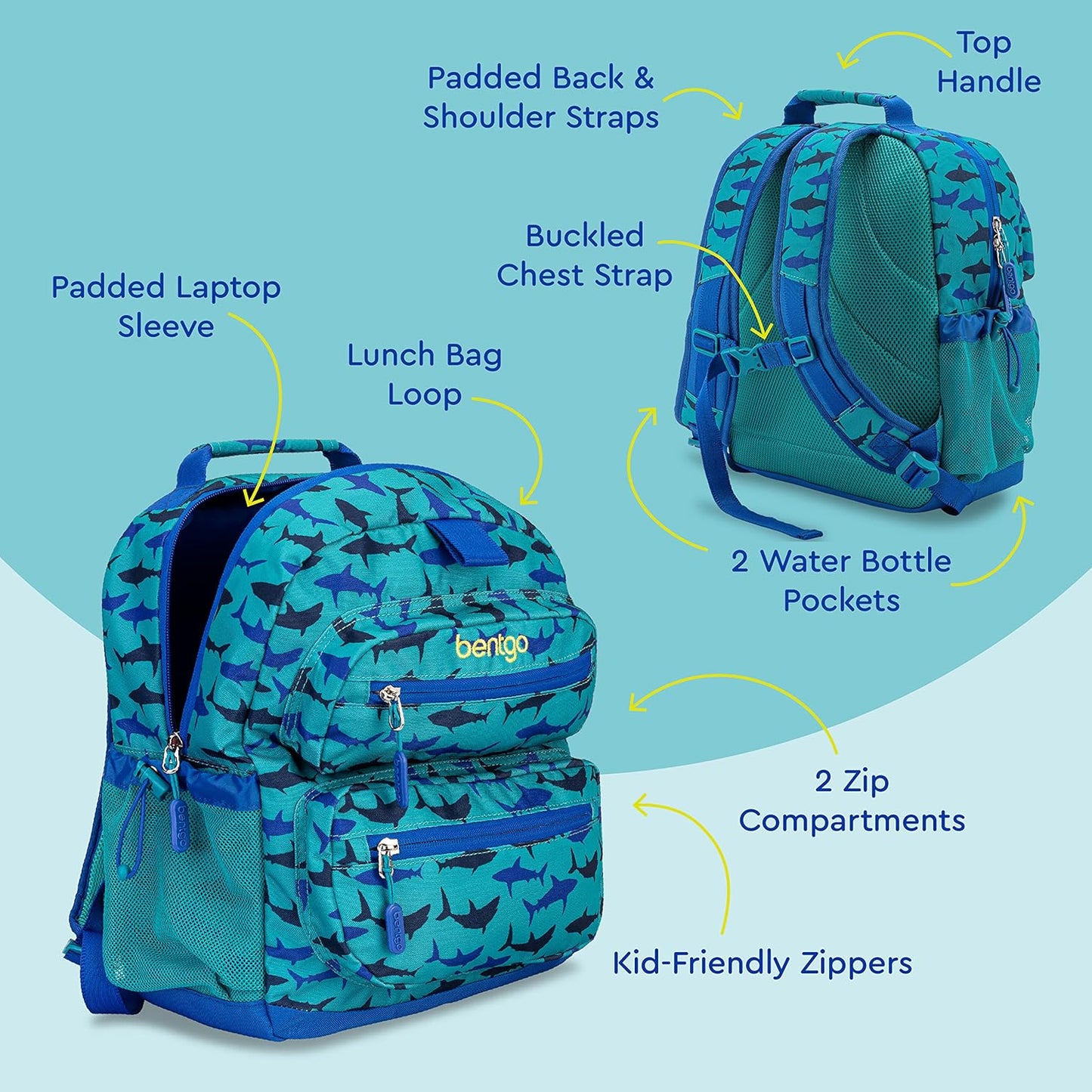 Bentgo Kids Backpack - Lightweight 14” Backpack in Fun Prints for School, Travel, & Daycare, Ideal for Ages 4+, Roomy Interior, Durable & Water-Resistant Fabric, & Loop for Lunch Bag (Shark)