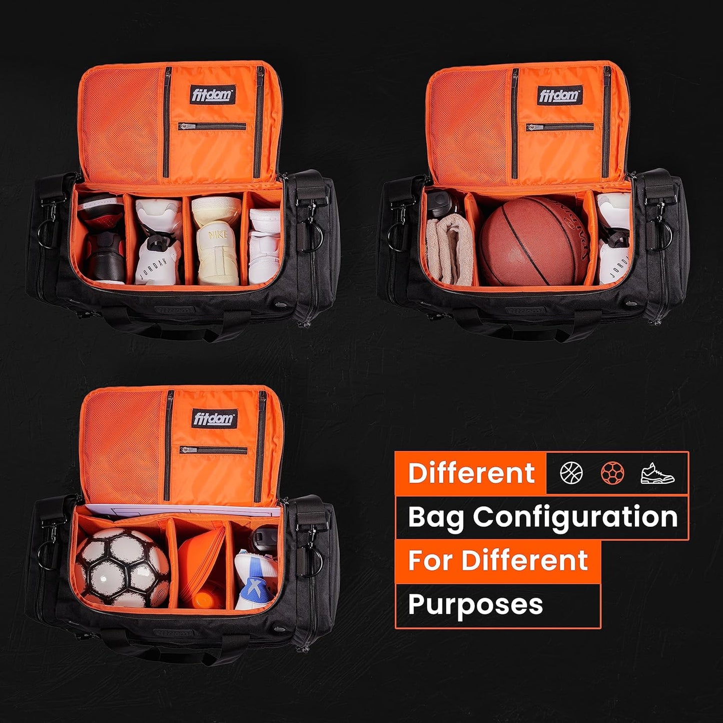 Fitdom Sneaker Bag for Travel, Sneakerhead gift, Sneaker Duffle Outdoor Sports Gym Bag, A Multi-functional Duffel Bag with 3 Adjustable Dividers, & Shoulder Strap. TSA Carry-On Size Approved