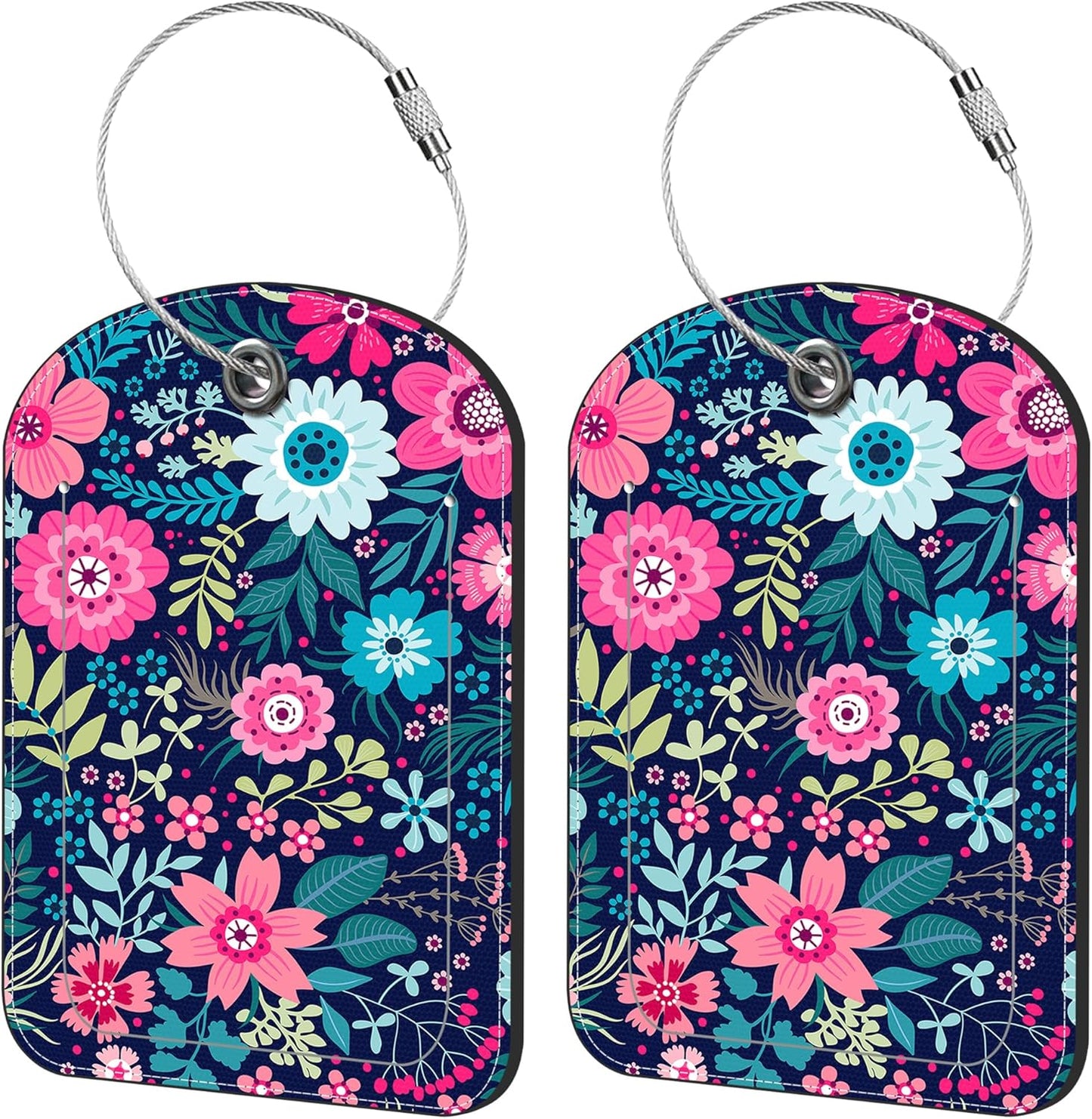 2 Pack Cute Luggage Tag for Suitcases Beautiful Flower Leather Luggage Tags with Stainless Steel Loop Privacy Flap Name Tags,Men and Women Travel Bag Suitcase Tags