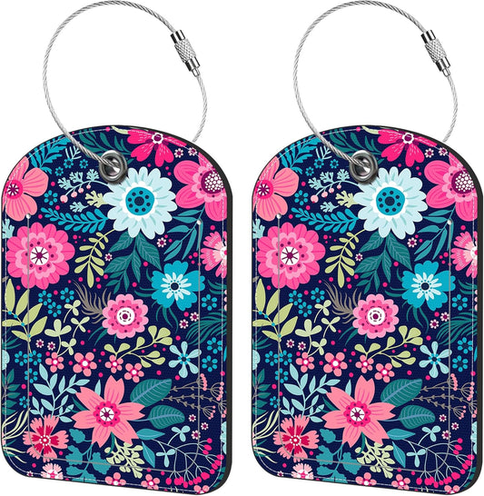 2 Pack Cute Luggage Tag for Suitcases Beautiful Flower Leather Luggage Tags with Stainless Steel Loop Privacy Flap Name Tags,Men and Women Travel Bag Suitcase Tags