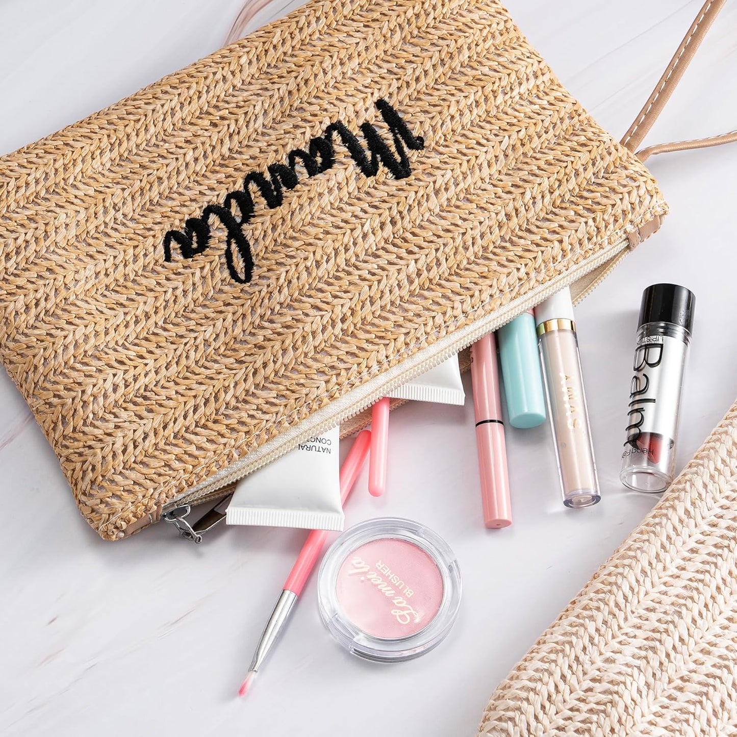Personalised Straw Clutch Purse, Personalised Embroidered Cosmetic Bag, Handwoven Straw Cosmetic Bag with Leather Trim, Bridesmaid Gift