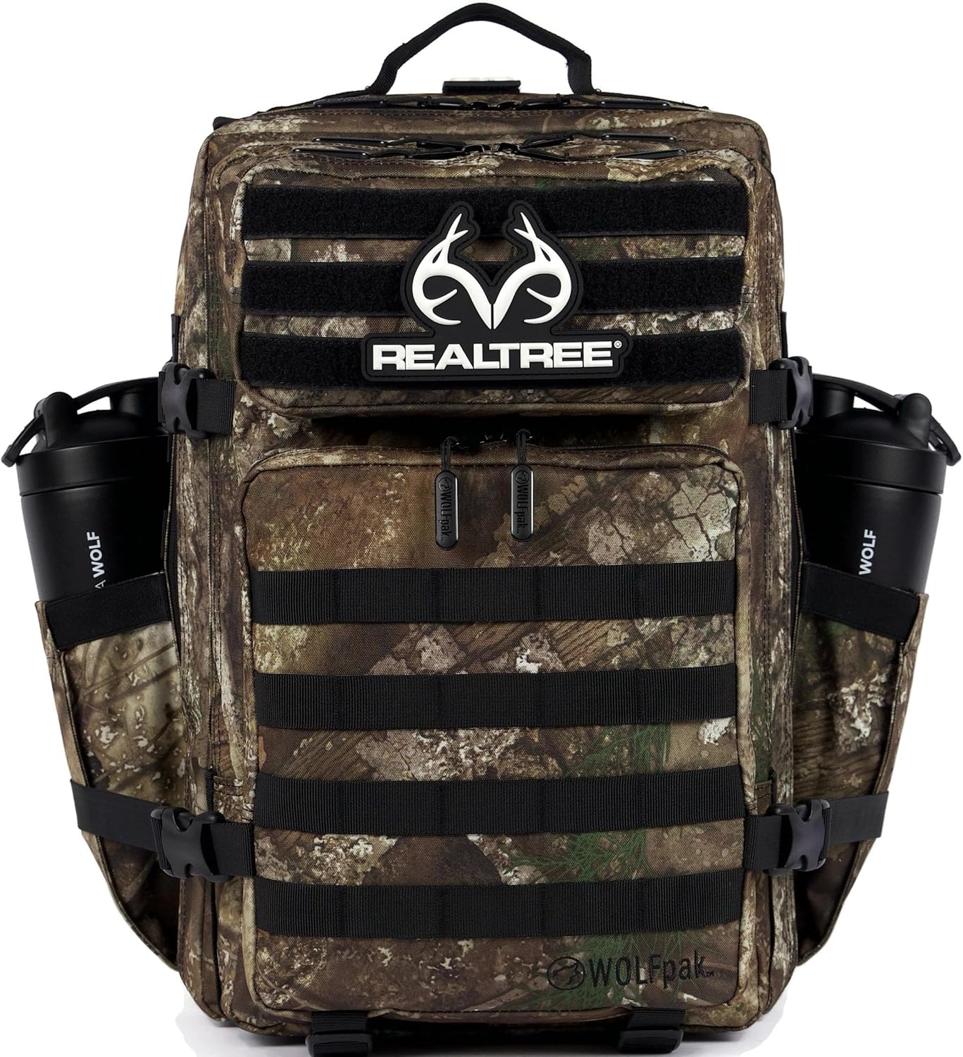 WOLFpak 45L Athletic Gym Backpack - Durable 1000D Waterproof Oxford Material with MOLLE Webbing, Laptop Pocket & Dual Cup Holders, Durable Fitness/Travel/Military Daypack (Realtree APX)