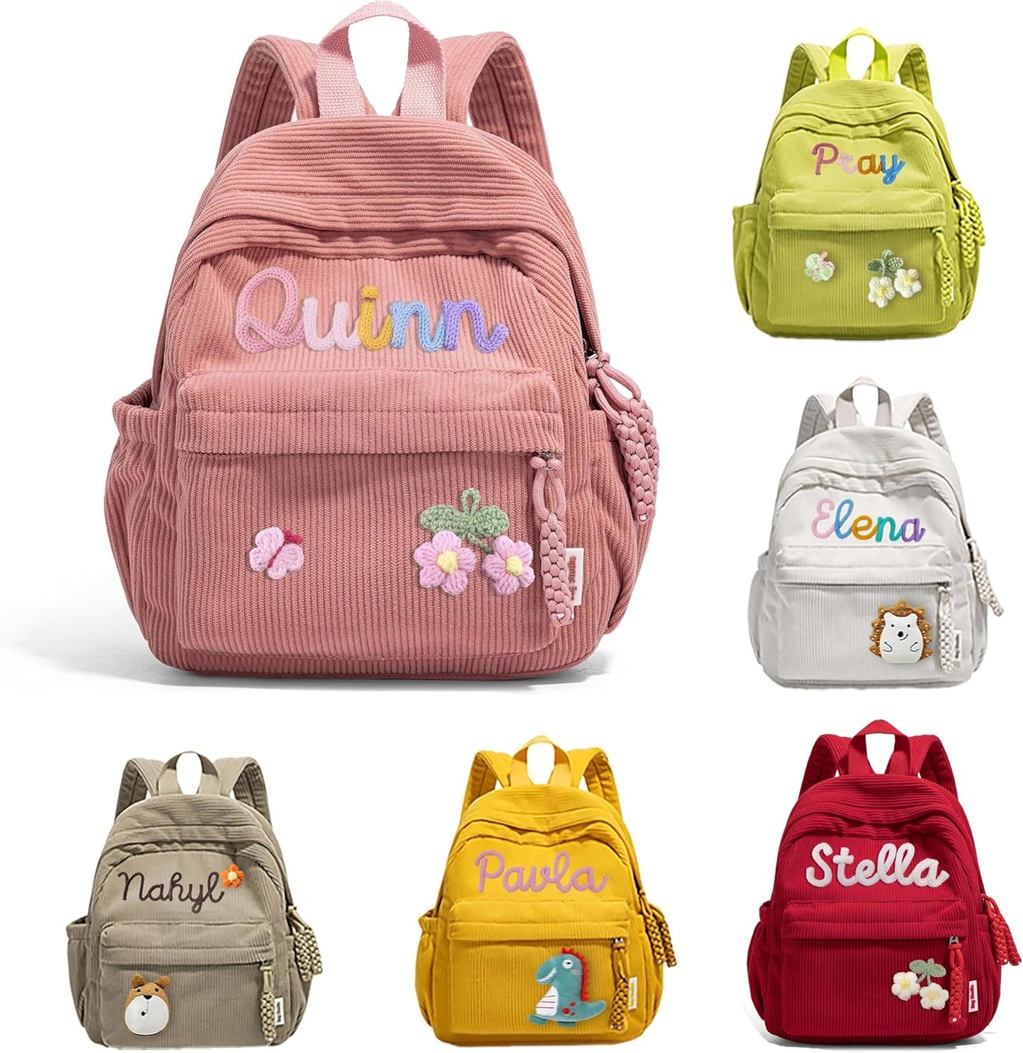 Personalized Corduroy Kids Backpack, Custom Name School Bag with Decorative Stitching, Toddler BackPack, Back to School Gift, Available in M and S sizes (Pink)