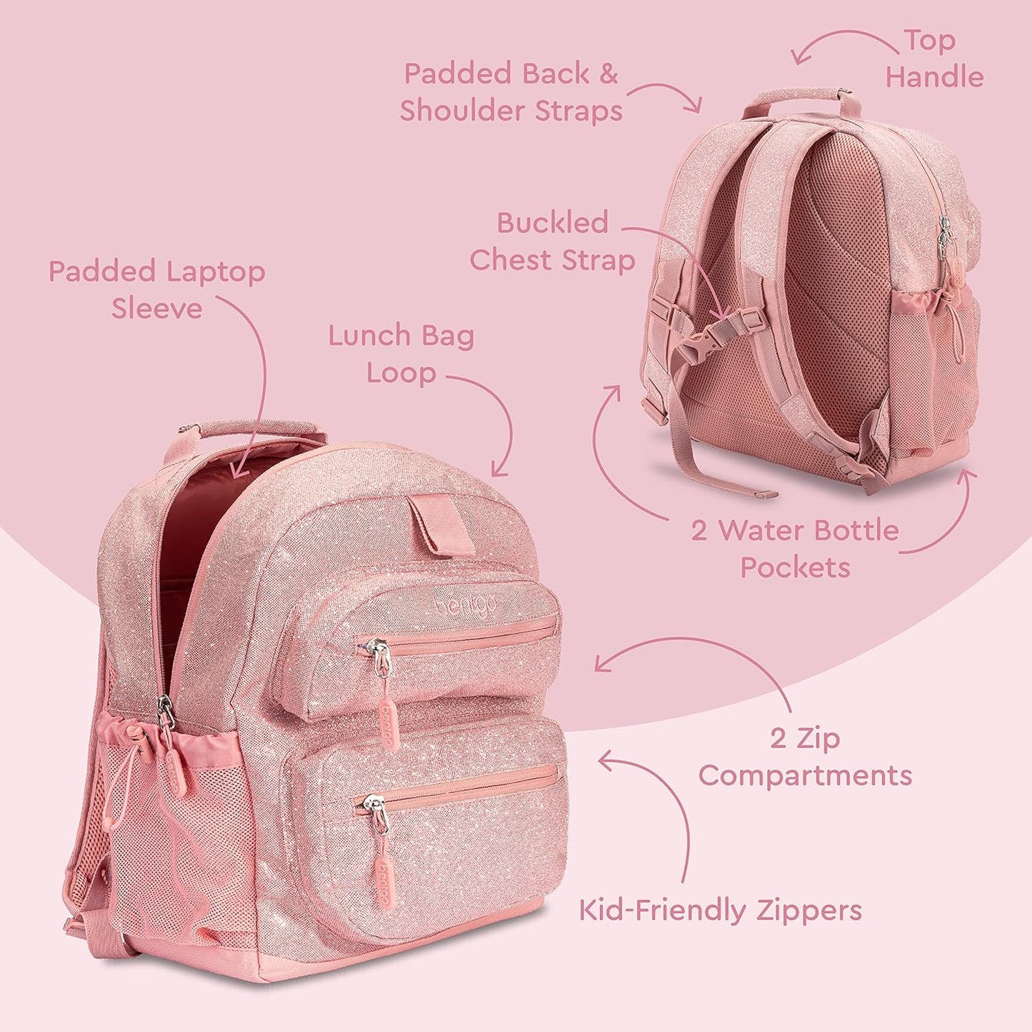 Bentgo Kids Glitter Backpack - Lightweight 14” Backpack for School, Travel & Daycare, Ideal for Ages 4+, Durable & Water-Resistant, Roomy Interior, & Loop for Lunch Bag (Glitter Edition - Petal Pink)