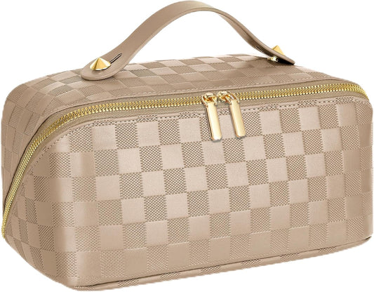 Large Capacity Travel Cosmetic Bag - Portable Makeup Bags for Women Waterproof PU Leather Checkered Makeup Organizer Bag with Dividers and Handle,Toiletry Bag for Cosmetics
