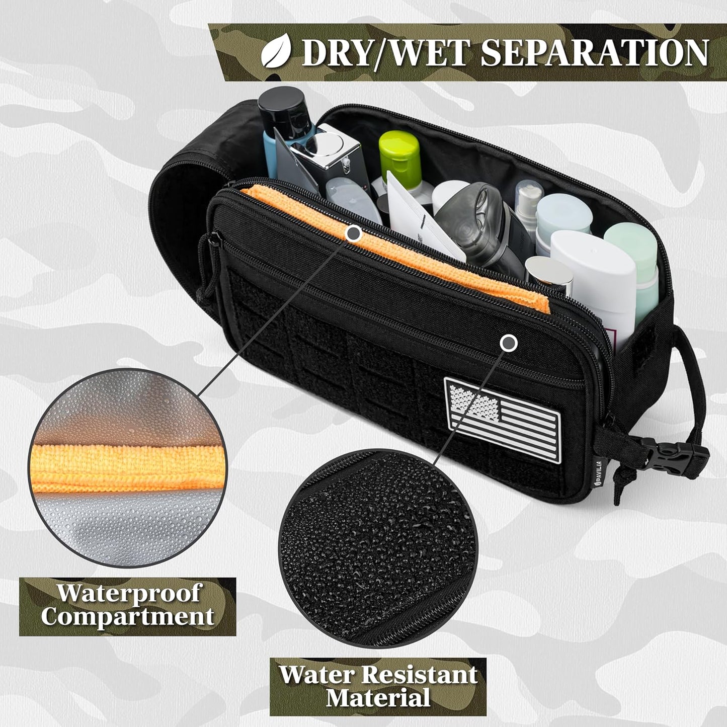 PAVILIA Tactical Toiletry Bag for Men, Travel Hygiene Bag, Military Gear Dopp Kit, Water Resist