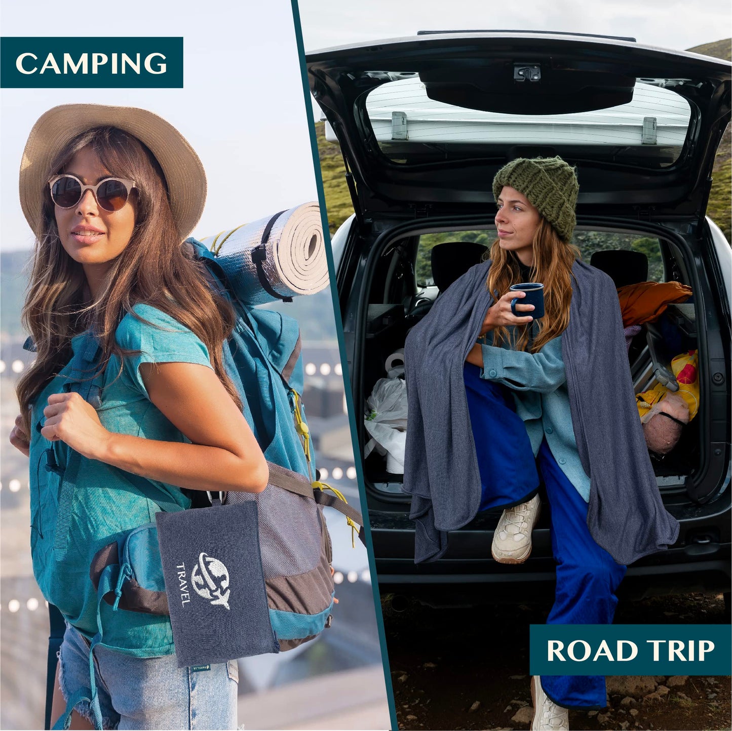 PAVILIA Travel Blanket Compact, Airplane Packable Bag, Soft Fleece Portable Throw Pillow Combo Set