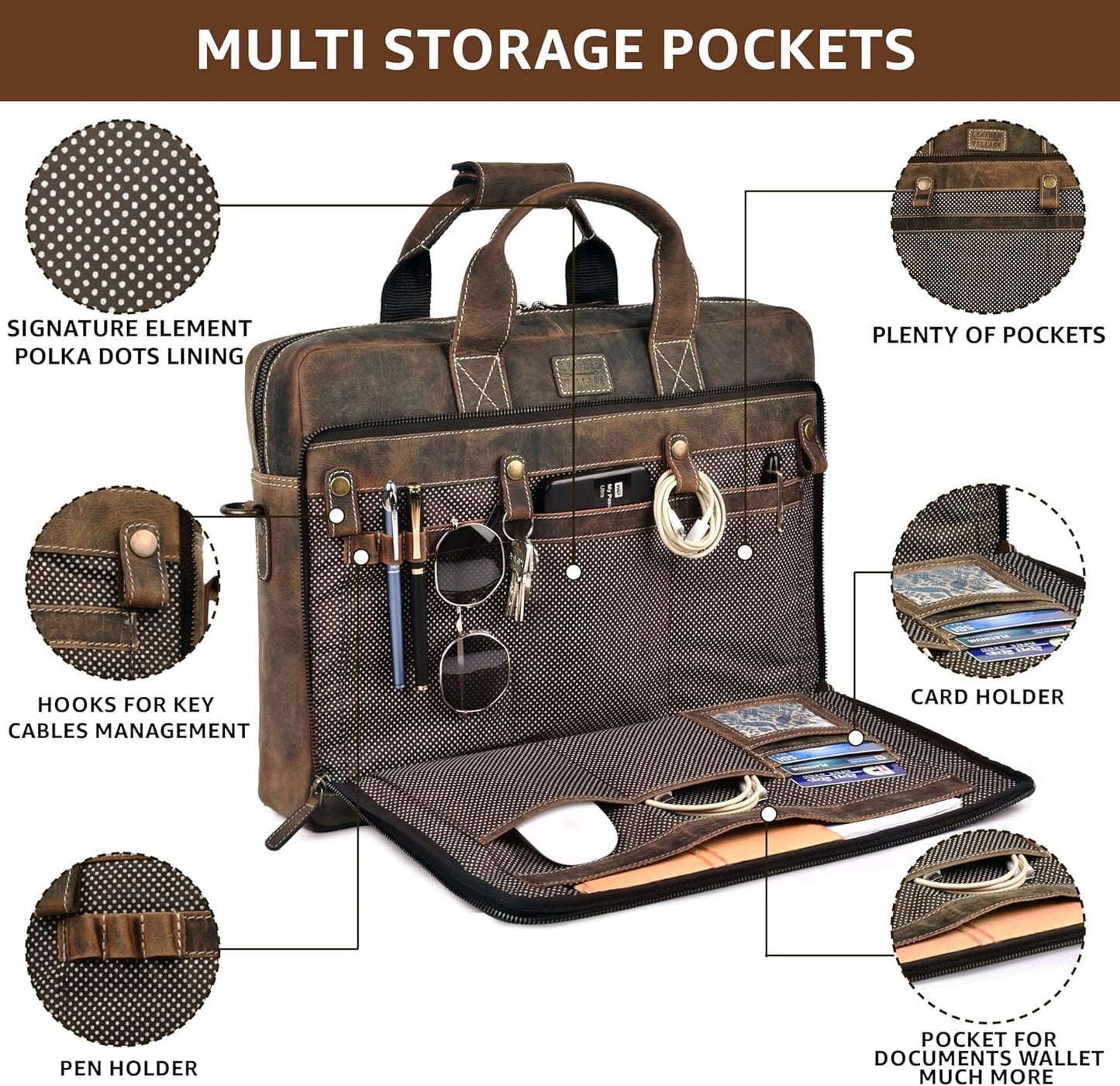 LEATHER VILLAGE 18" Leather Laptop Messenger Briefcase Bag for Men-Leather Satchel for Travel and Office Shoulder Bag-Rustic Brown