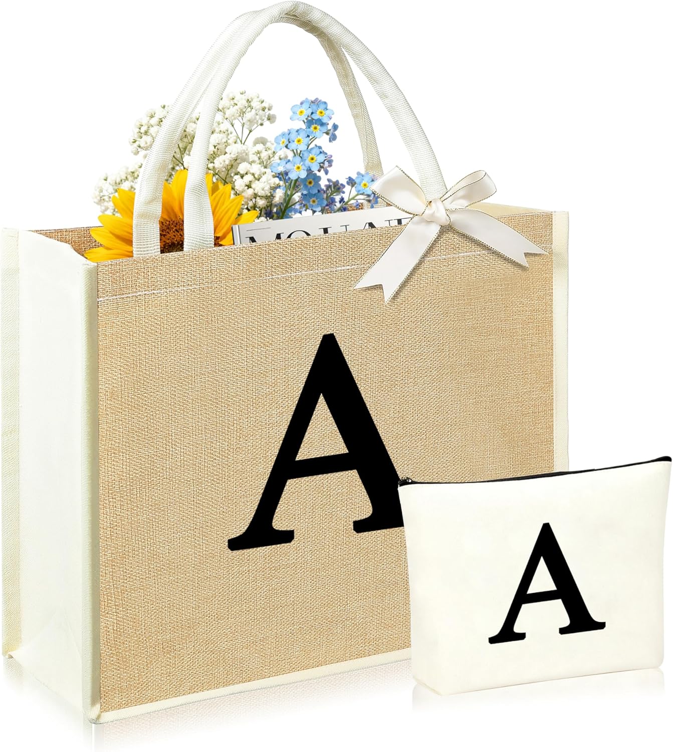 Initial Canvas Tote Bag & Makeup Bag for Women Teacher Bridesmaids，Personalized Present for Wedding, Birthday, Beach