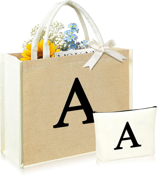 Initial Canvas Tote Bag & Makeup Bag for Women Teacher Bridesmaids，Personalized Present for Wedding, Birthday, Beach