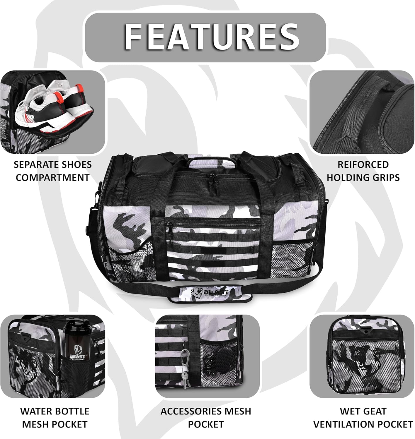 Unisex Duffel Bag Gray Camo, Extra Roomy Waterproof Gym Bag For Women with Shoe Compartment, Sports