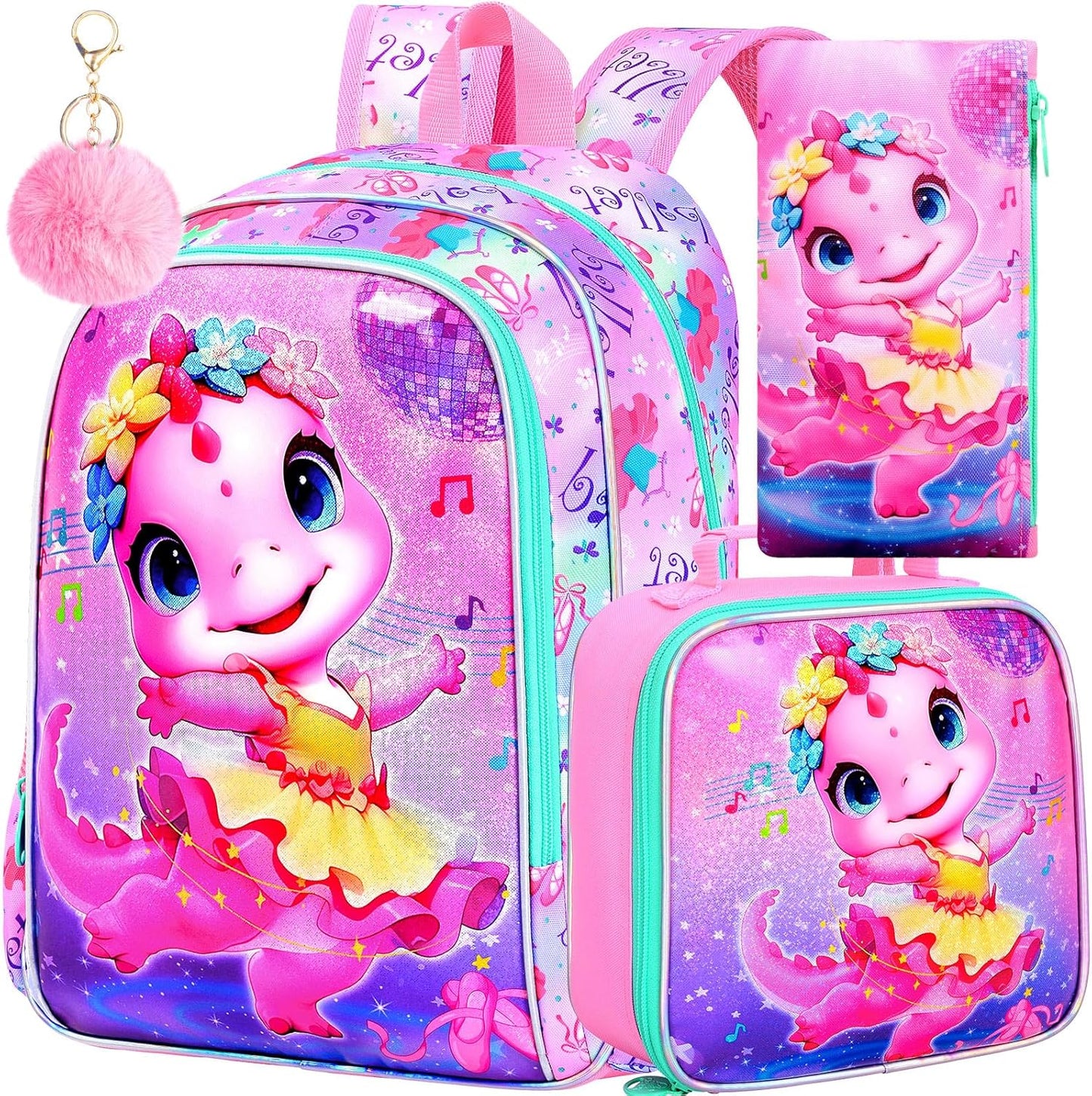 WZLVO 3PCS Kids Backpack for Girls, Unicorn Dinosaur Animal Prechool Elementary Kindergarten School Bookbag with Lunch Box