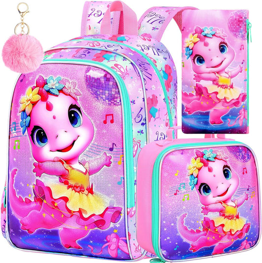 WZLVO 3PCS Kids Backpack for Girls, Unicorn Dinosaur Animal Prechool Elementary Kindergarten School Bookbag with Lunch Box
