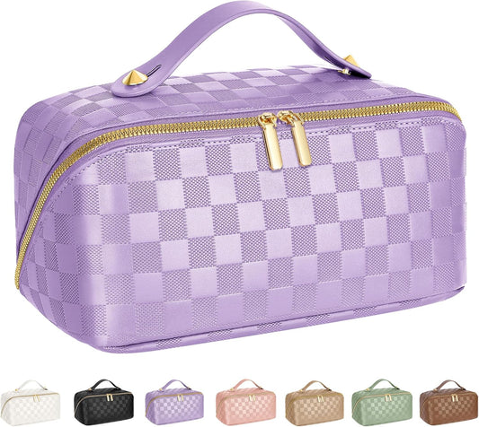 Large Capacity Travel Cosmetic Bag - Portable Makeup Bags for Women Waterproof PU Leather Checkered Makeup Organizer Bag with Dividers and Handle,Toiletry Bag for Cosmetics