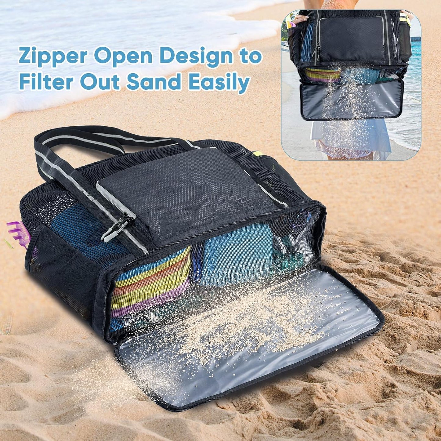 Large Mesh Beach Bag - XL Beach Tote Sandproof - Swim Bag - Large Pool Tote with Pockets for Toiletries, Towel