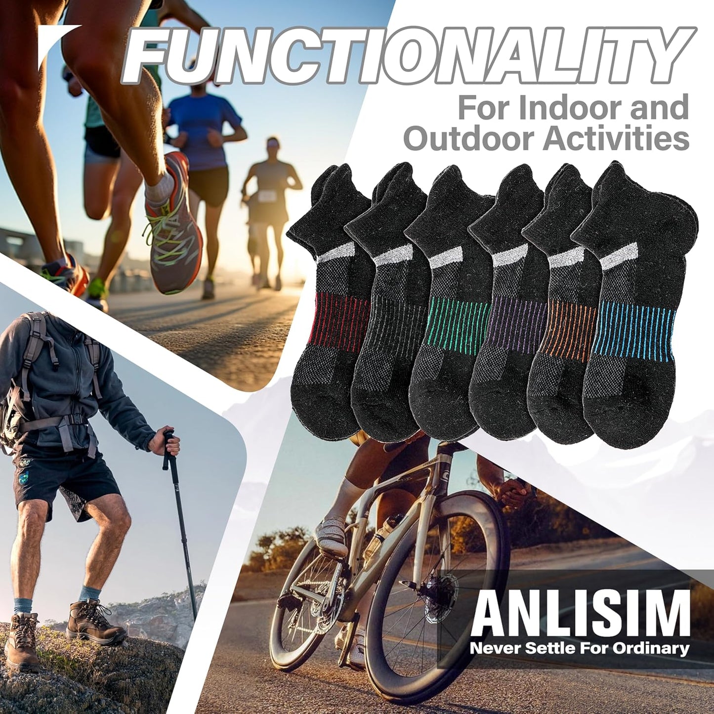 6 Pairs Merino Wool Ankle Running Hiking Socks Compression Support Breathable Thick Cushion No Show