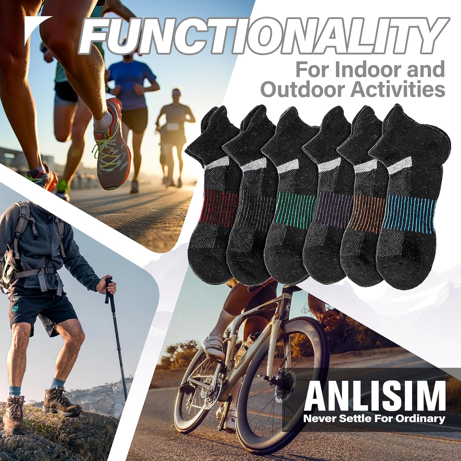 6 Pairs Merino Wool Ankle Running Hiking Socks Compression Support Breathable Thick Cushion No Show