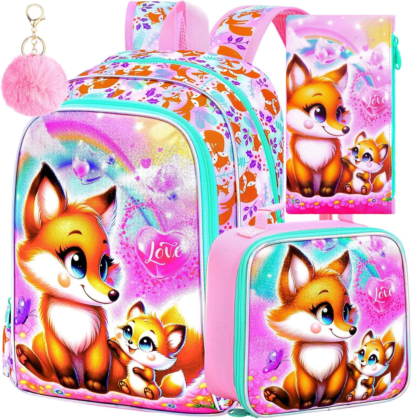 KLFVB 3PCS Girls Fox Backpack, Water Resistant Kids Bookbag with Lunch Box, 16" Preschool Backpacks for Elementary - Fox Pink
