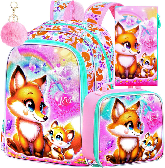 KLFVB 3PCS Girls Fox Backpack, Water Resistant Kids Bookbag with Lunch Box, 16" Preschool Backpacks for Elementary - Fox Pink