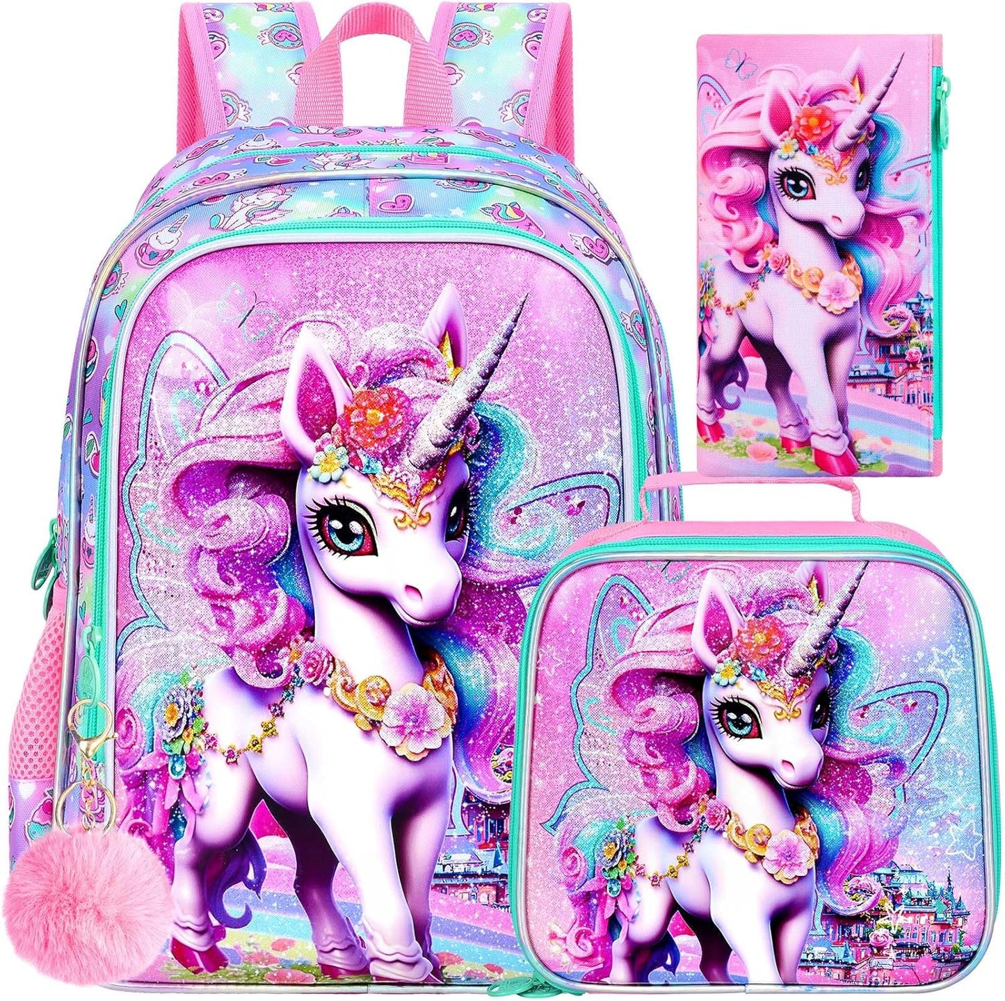 3PCS Unicorn Backpack, Water Resistant Girls Bookbag Set with Lunch Box，Cute Kids Elementary School Bag for Preschool Toddler