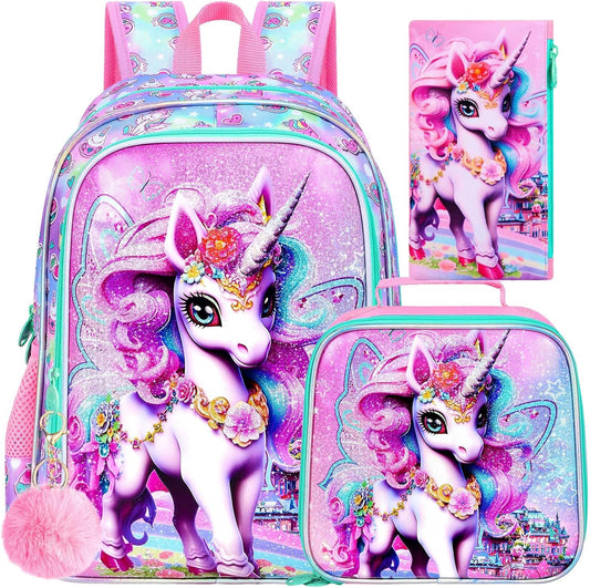 3PCS Unicorn Backpack, Water Resistant Girls Bookbag Set with Lunch Box，Cute Kids Elementary School Bag for Preschool Toddler