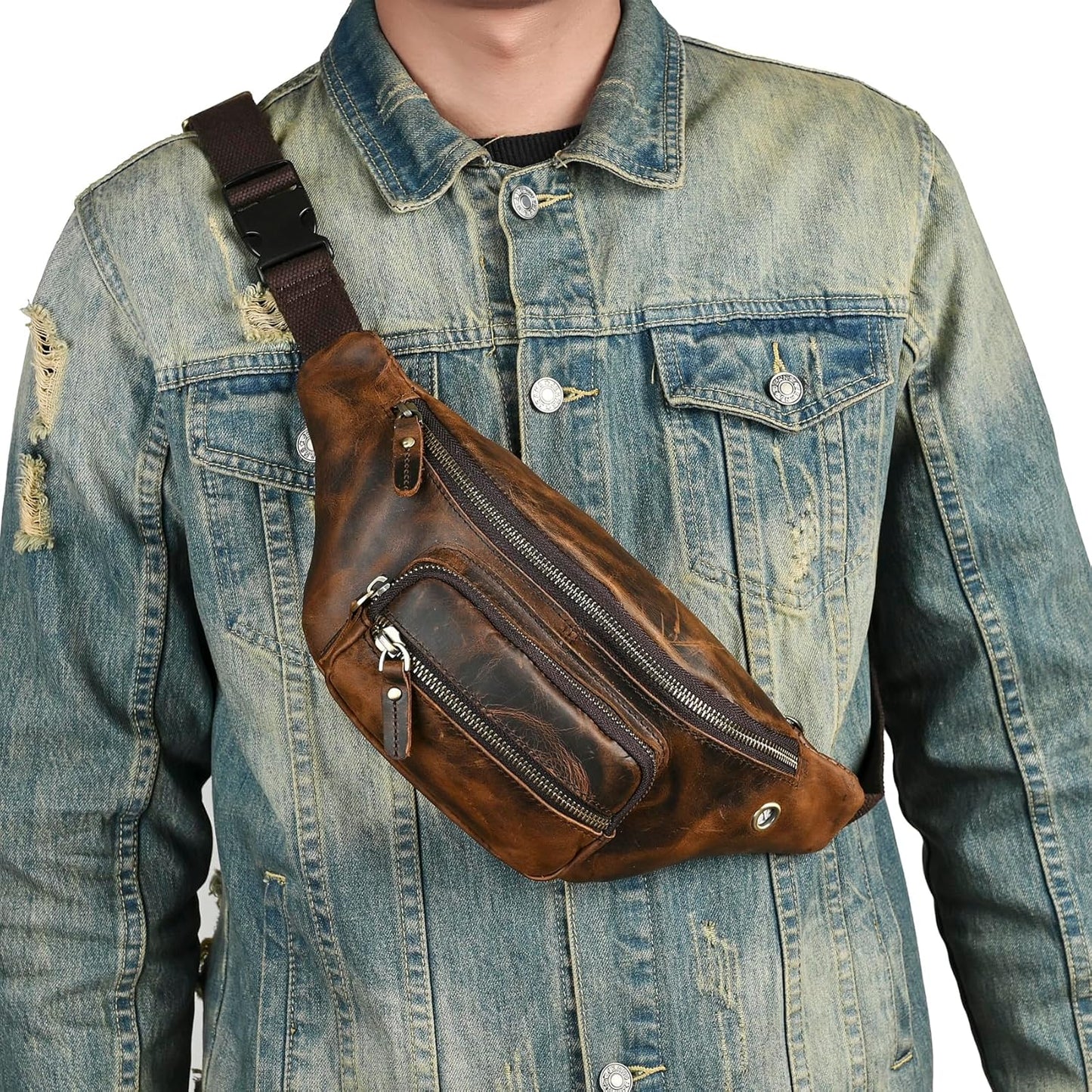 Thick Crazy Horse Leather Hiking Riding Travel Outdoor Belt Bag Fanny Waist Pack Small Phone Pouch For Men Women 380 (387 Brown)