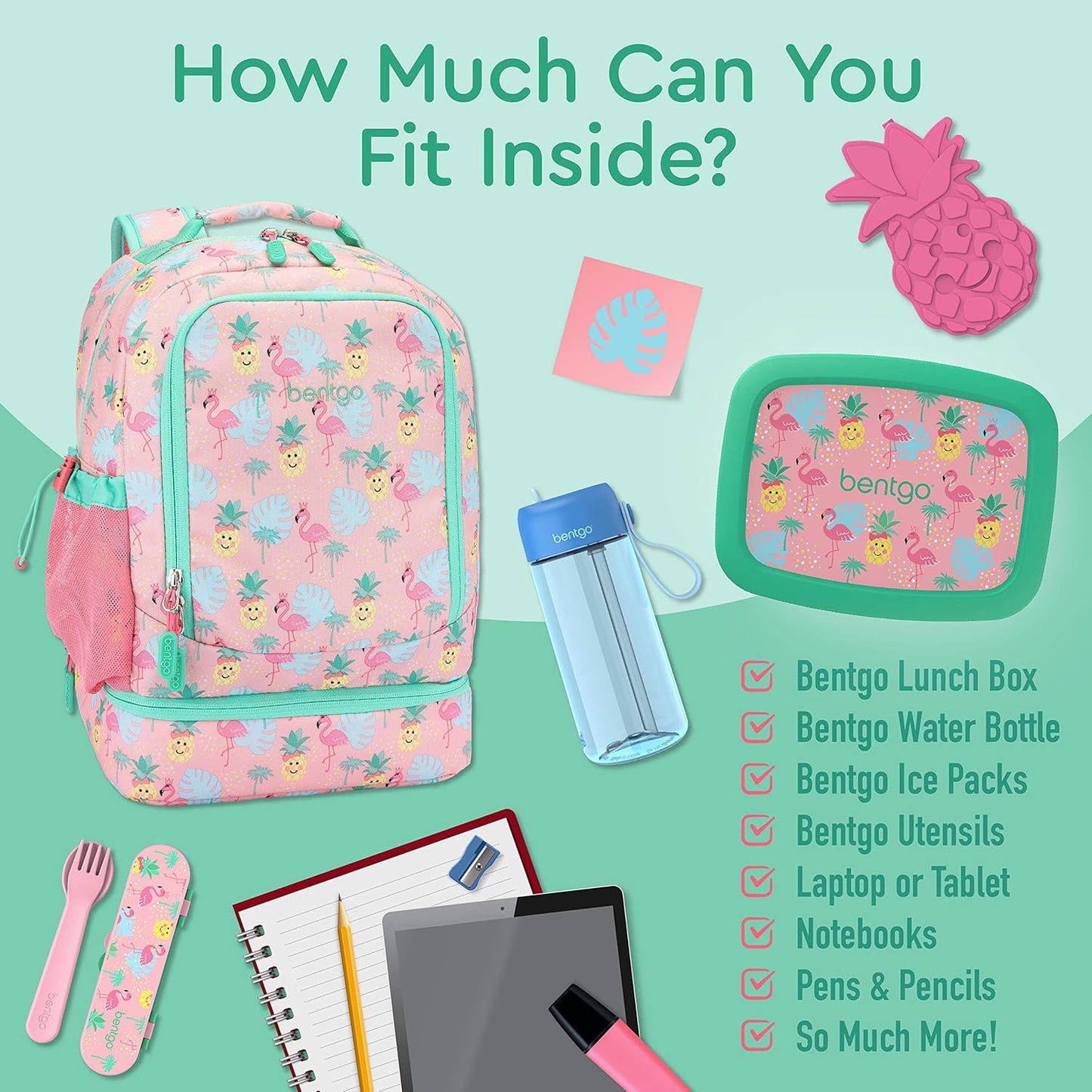 Bentgo Kids 2-in-1 Backpack & Insulated Lunch Bag - Durable 16” Backpack & Lunch Container in Unique Prints for School & Travel - Water Resistant, Padded & Large Compartments (Tropical)