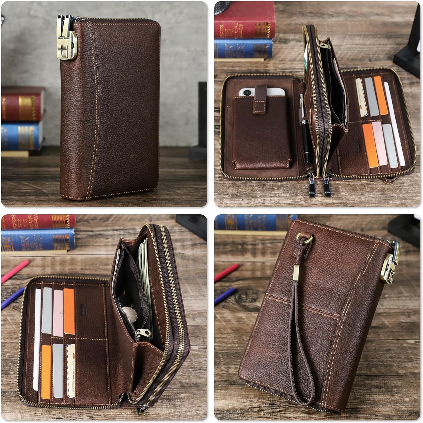 Top Grain Genuine Leather Zipper Clutch Wristlet Wallet for Man & Woman, Handmade, Multi Slots & Pockets & Combination Lock, RFID Large Capacity for Cards/Checks/Passports/Phone/Pen/AirTag, Red Coffee