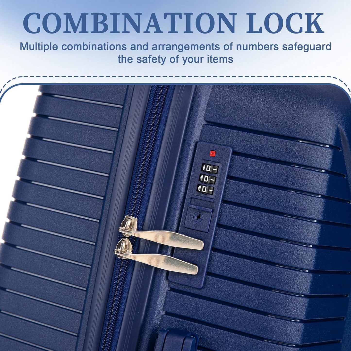 Campfun 3 Piece Luggage Sets, PP Suitcase Set with Double Spinner Wheels Hang Hook, Durable Carry On Luggage with Combination Lock, 20/24/28 inch, Blue