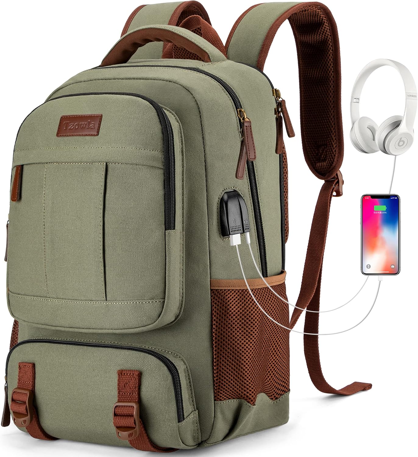 Tzowla Canvas Laptop Backpack, Bag for Men Women,Travel Work Rucksack Fits 15.6 Inch Laptop