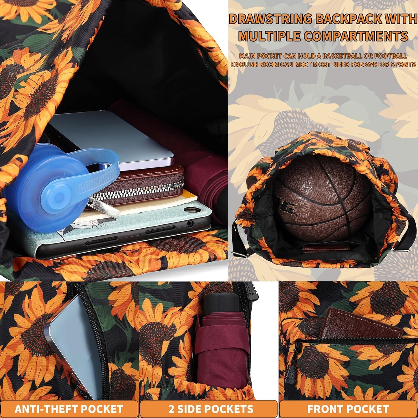 Drawstring Backpack for Women Drawstring Gym Bag Water Resistant Small Cinch Sack Pull String Backpack Bag (Sunflower)