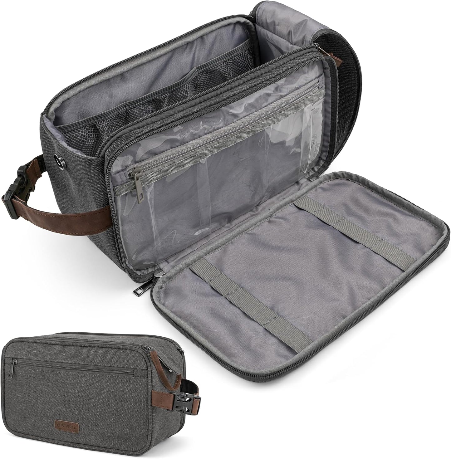 PAVILIA Toiletry Bag for Men Women, Canvas Travel Dopp Kit, Water Resistant Hygiene Bag Toiletries Organizer, Shaving Kit Travel Accessories Bag, Grey, Extra Large
