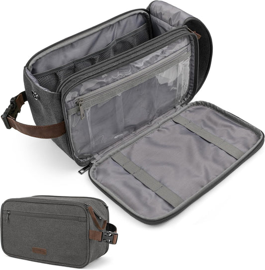 PAVILIA Toiletry Bag for Men Women, Canvas Travel Dopp Kit, Water Resistant Hygiene Bag Toiletries Organizer, Shaving Kit Travel Accessories Bag, Grey, Extra Large