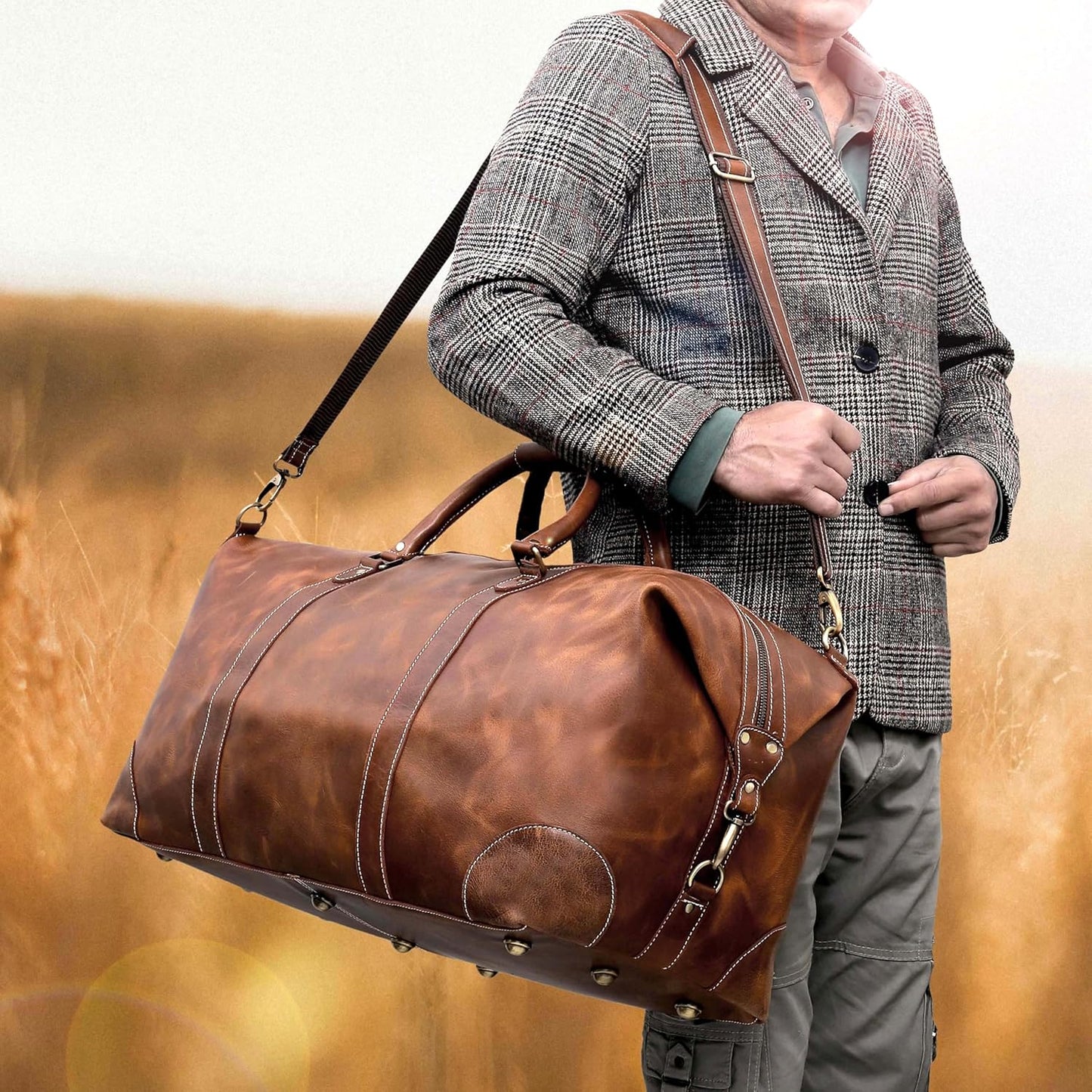 24 Inch Genuine Buffalo Leather Travel Duffle Bag, Overnight Weekend Leather Bag Sports Gym Duffel for Men, Airplane Under Seat Carry on Bags (Tan)