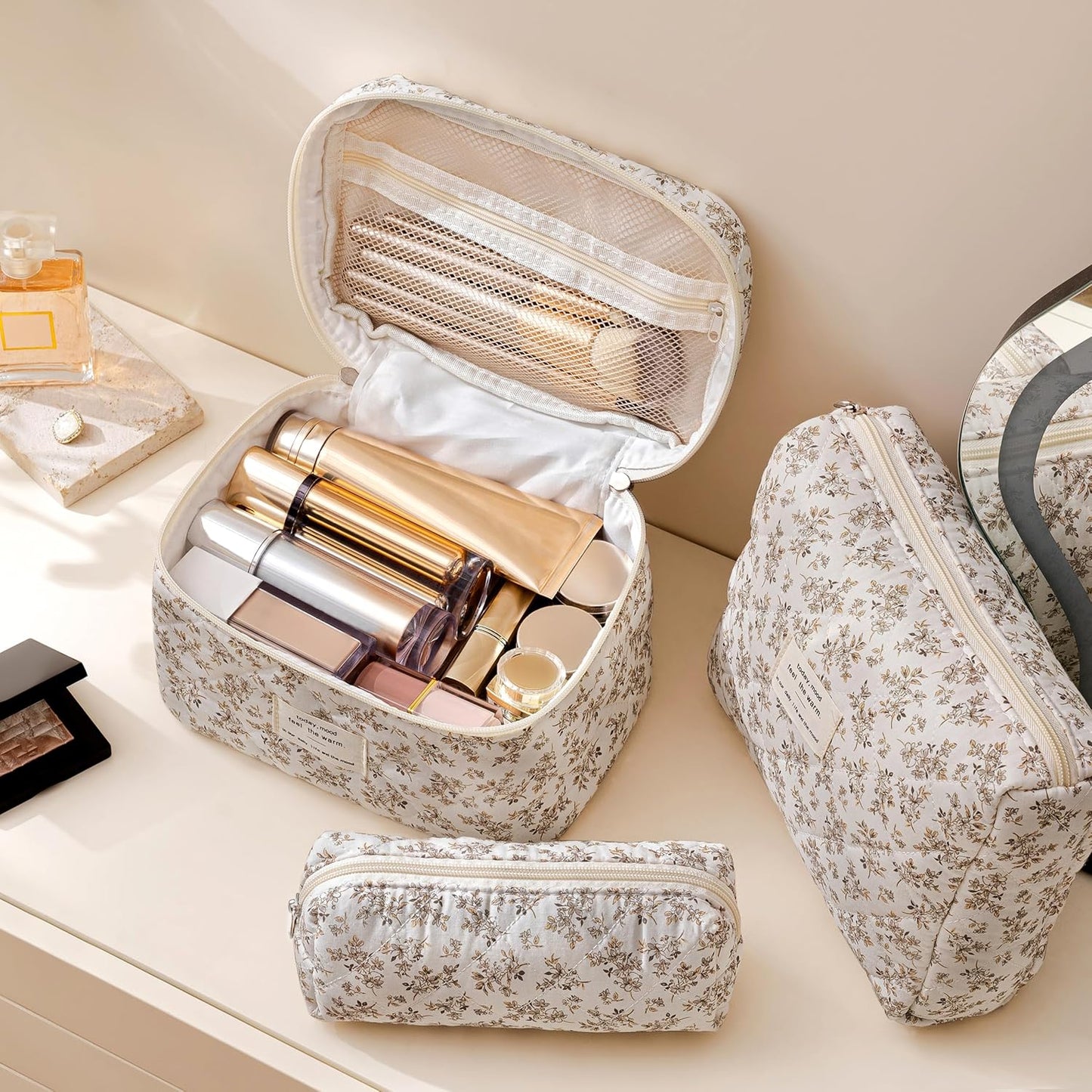HBselect Quilted Makeup Bag, 3PCS Cotton Large Travel Makeup Bag, Cute Floral Coquette Make up Bag Cosmetic Bag Toiletry Bag for Women Girls