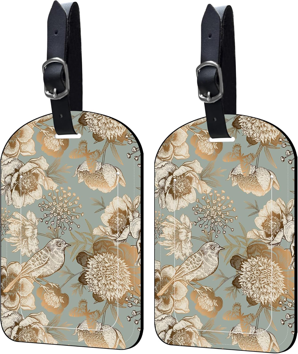 2 Pack Luggage Tags Vintage Gold Floral PU Leather Baggage Handbag Suitcase Tags with Secure Strap Privacy Cover ID Labels,Business Travel Baggage Tag Identifier