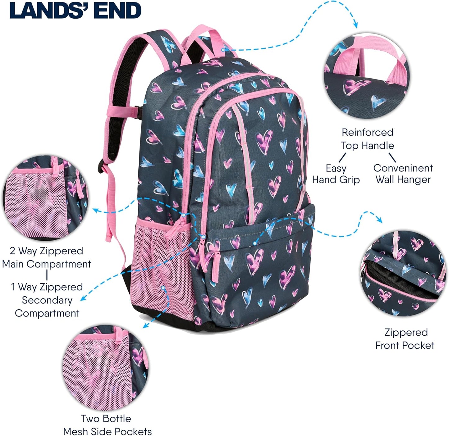Lands' End Unisex Kids Large ClassMate Lightweight Durable Elementary School Backpack, Hot Pink