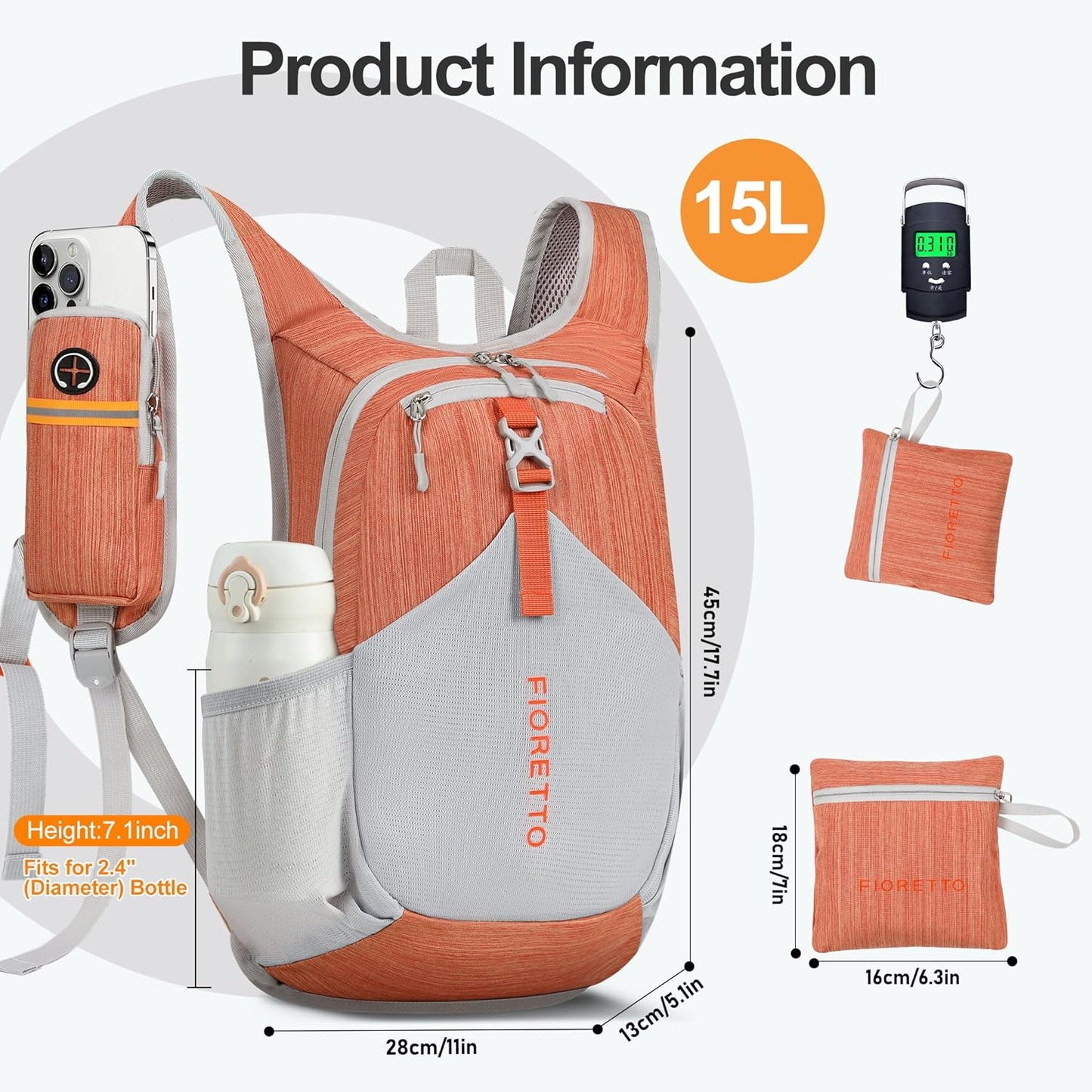 FIORETTO 15L Hiking Backpack for Women Men Mini Packable Backpack Lightweight Small Daypack for Camping Travel Outdoor, Orange