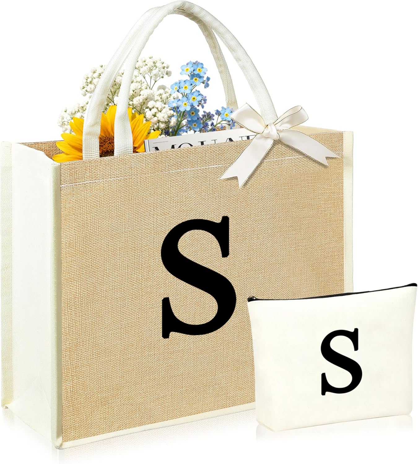 Initial Canvas Tote Bag & Makeup Bag for Women Teacher Bridesmaids，Personalized Present for Wedding, Birthday, Beach