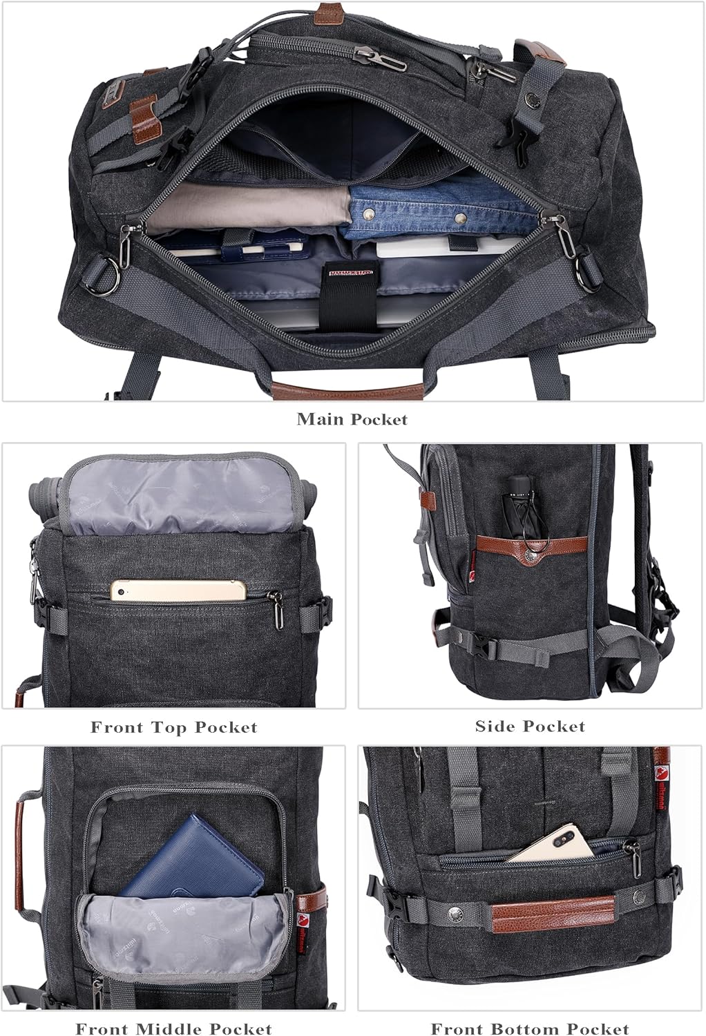 WITZMAN Canvas Backpack Vintage Travel Backpack Large Laptop Bags Convertible Shoulder Rucksack(A519-1 Black)