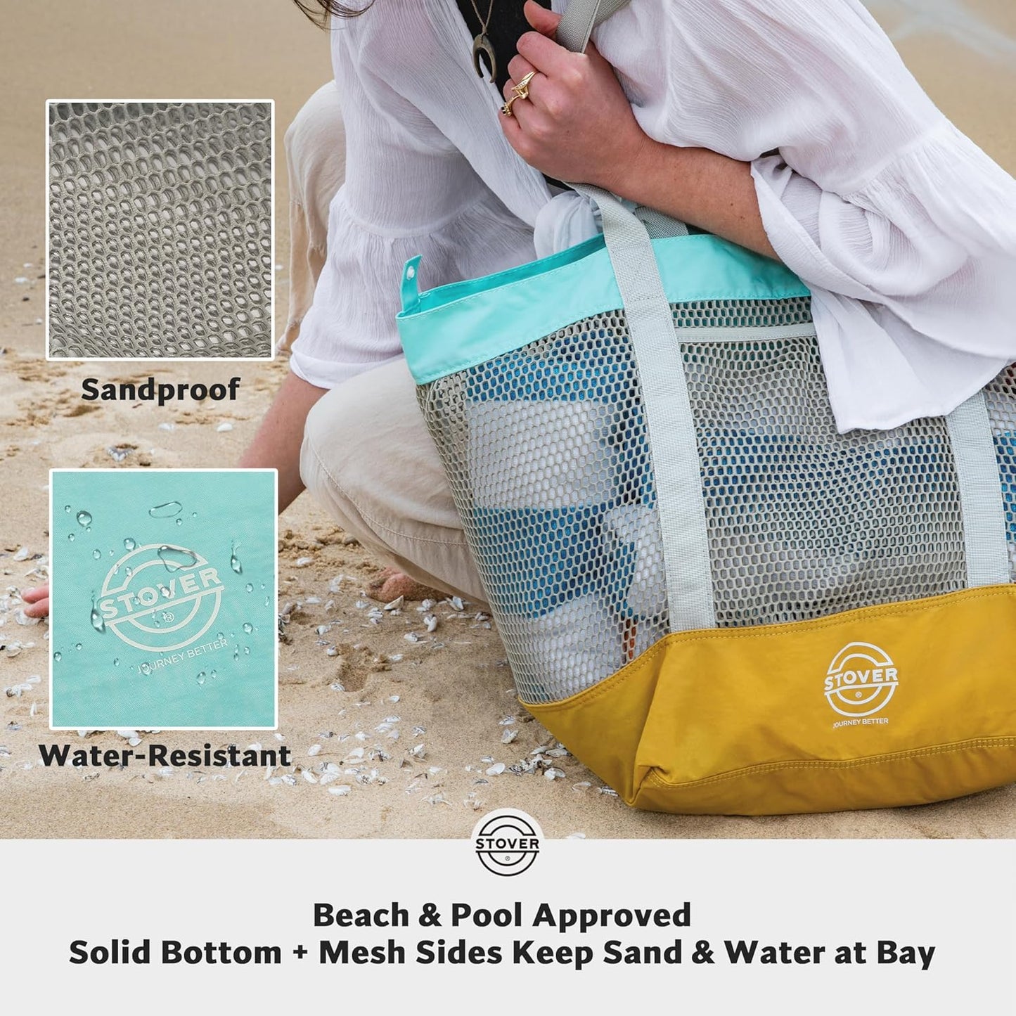 STOVER Large Mesh Beach Bag, Vacation, Pool, Shopping, & Travel Tote - Foldable w/Storage Pockets for Women, Men & Families