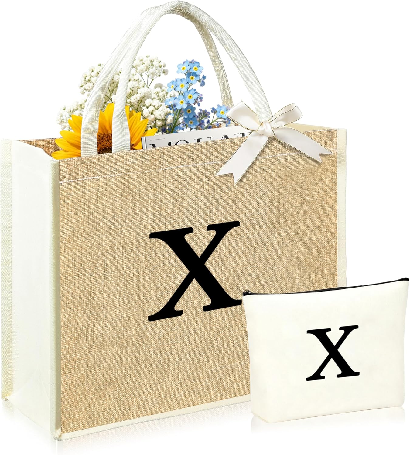 Initial Canvas Tote Bag & Makeup Bag for Women Teacher Bridesmaids，Personalized Present for Wedding, Birthday, Beach