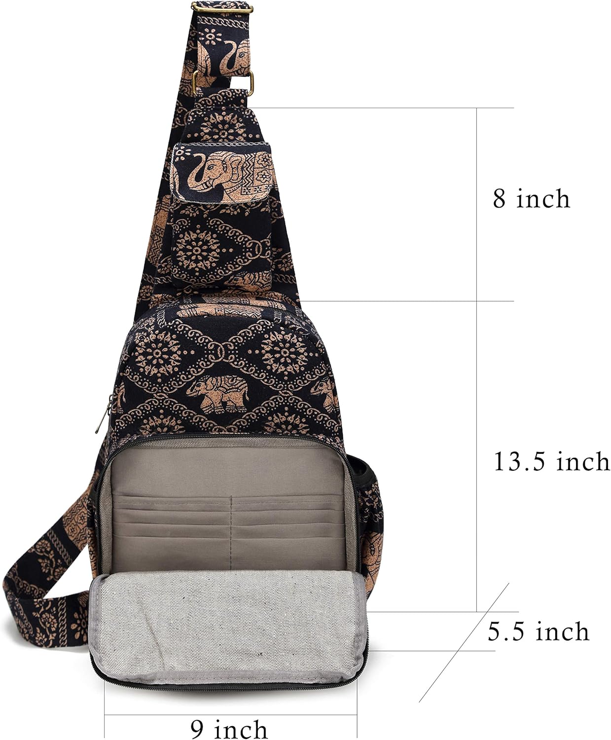 Coton Pose Women sling bag Elephant canvas large boho backpacks bohemian Crossbody bag (Black)